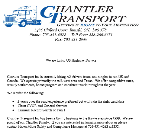 Chantler Transport Inc
